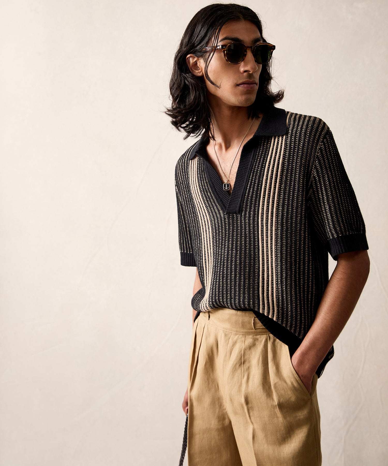 Striped Short-Sleeve Polo in Black - Image 2