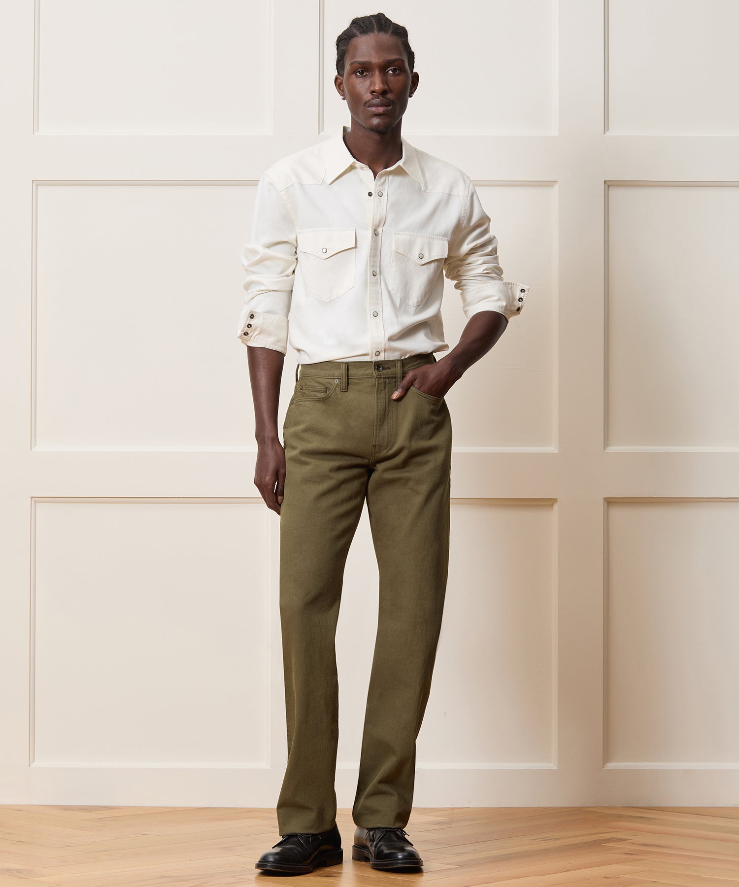 Straight Garment-Dyed Jean in Olive - Image 3