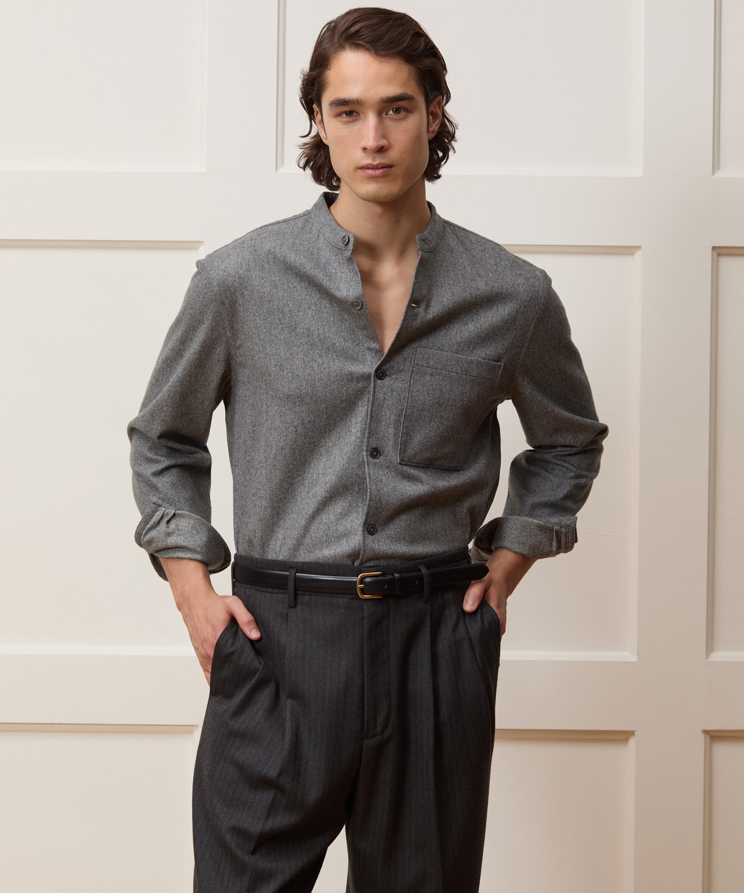 Italian Wool-Cashmere Band Collar Overshirt - Image 2