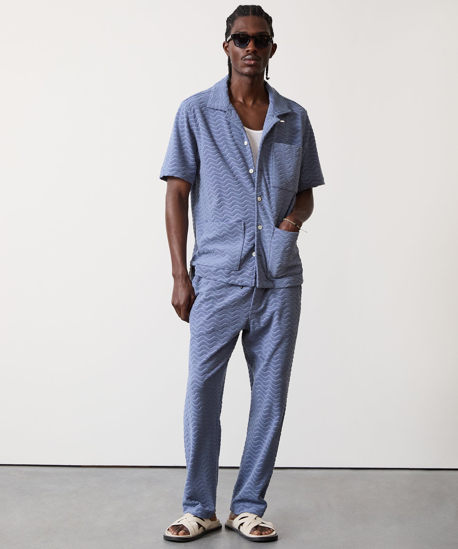 Wave Jacquard Terry Guayabera Polo Shirt in Steel Blue - Image 4