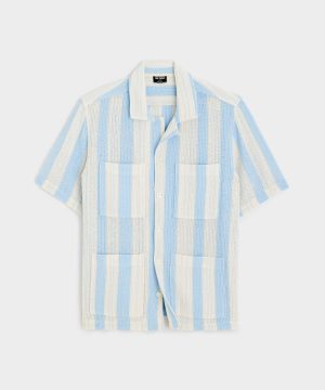 Striped  Open-Knit Guayabera Polo Shirt in Blue Haze