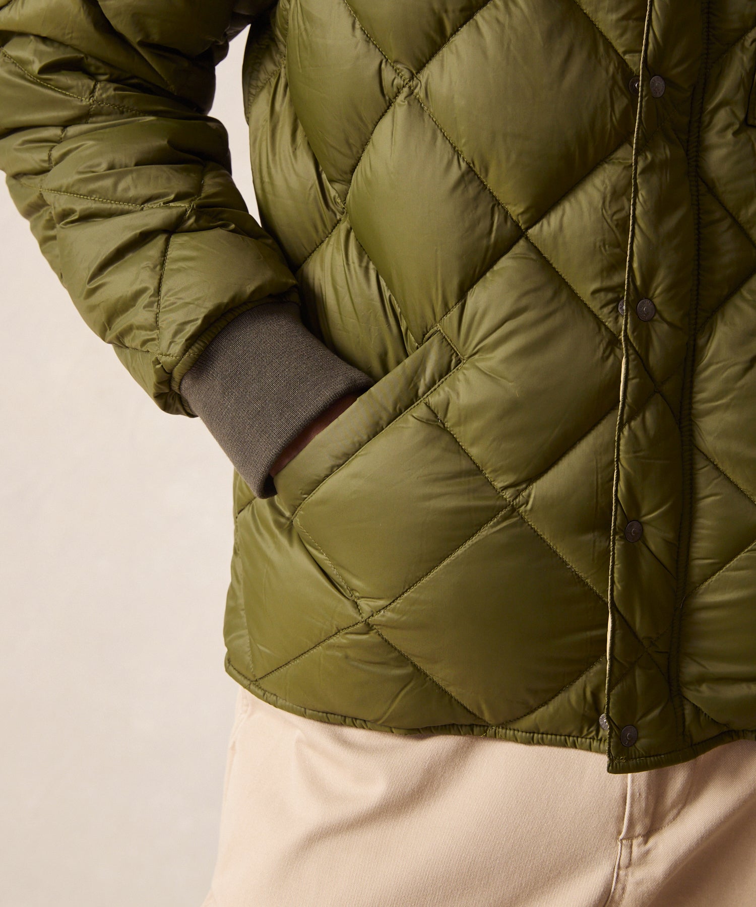 Italian Quilted Down Snap Bomber in Olive - Image 2