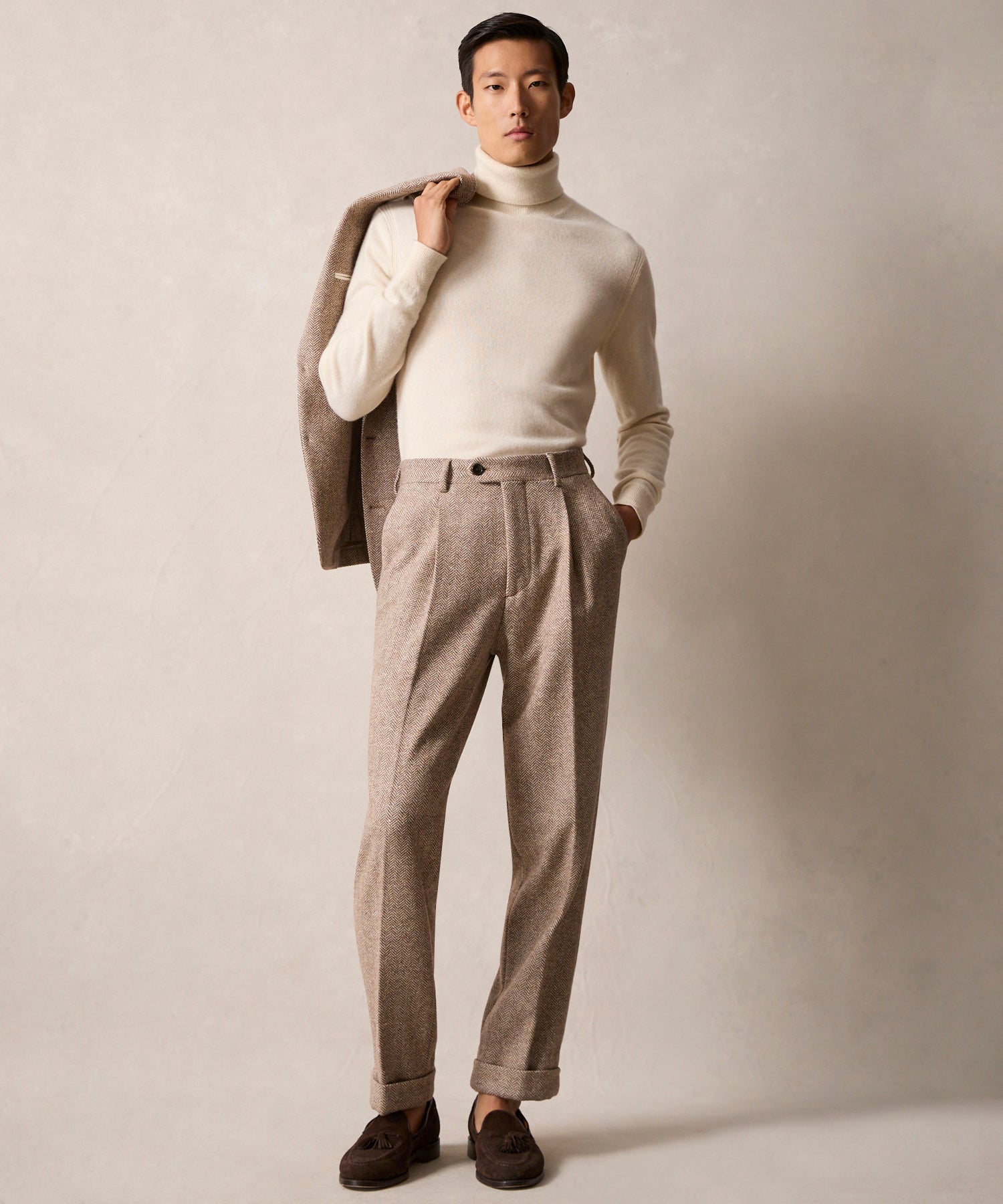 Italian Donegal Madison Trouser in Tan Herringbone - Image 2