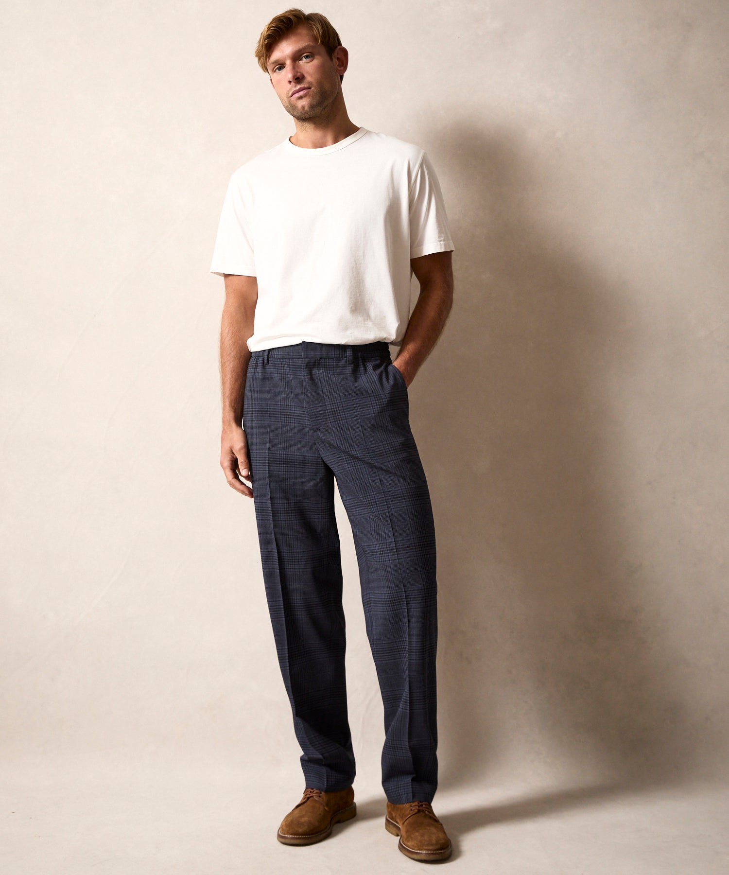 Italian Wool Side Elastic Trouser in Navy Glen Plaid - Image 2