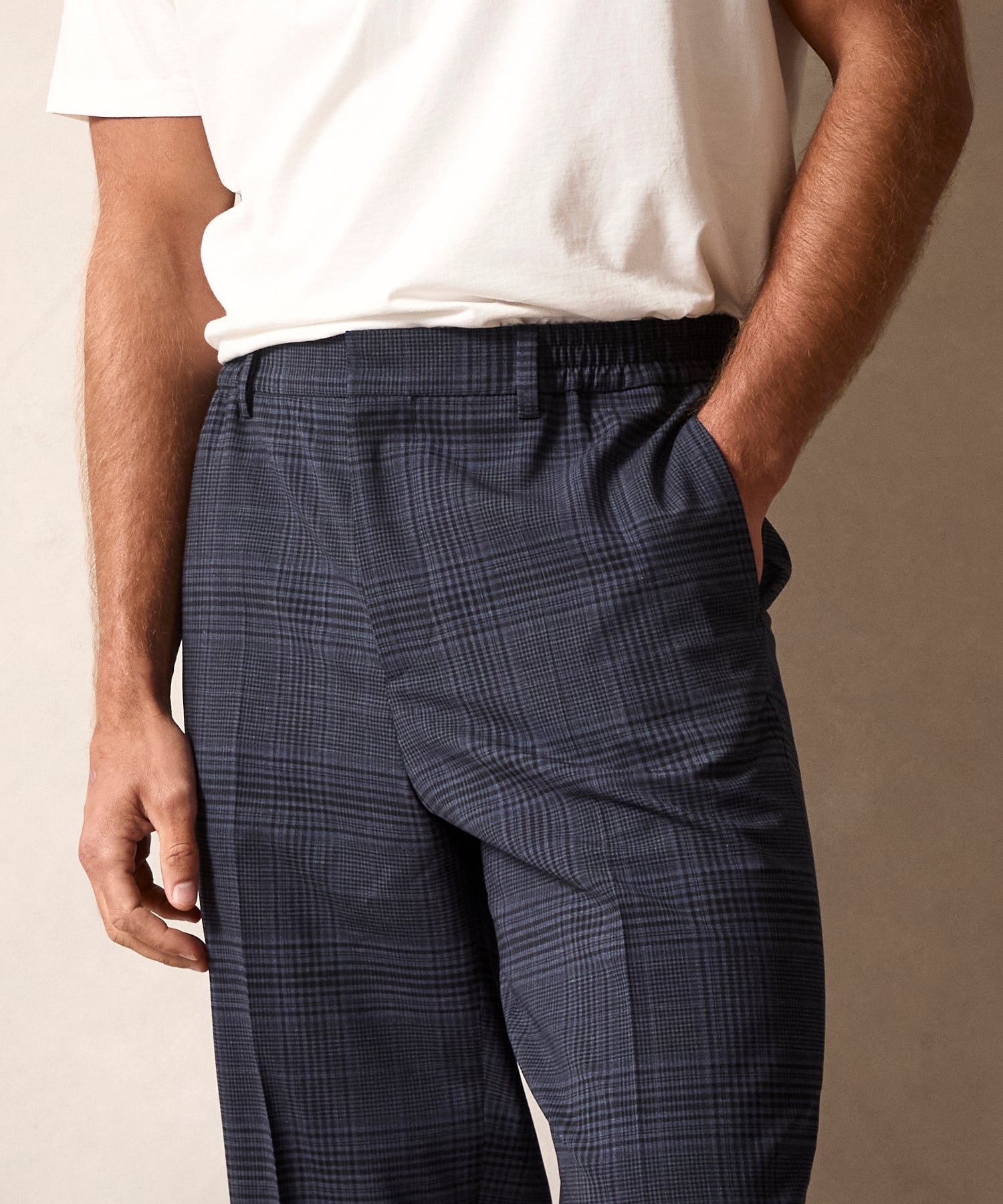 Italian Wool Side Elastic Trouser in Navy Glen Plaid - Image 3