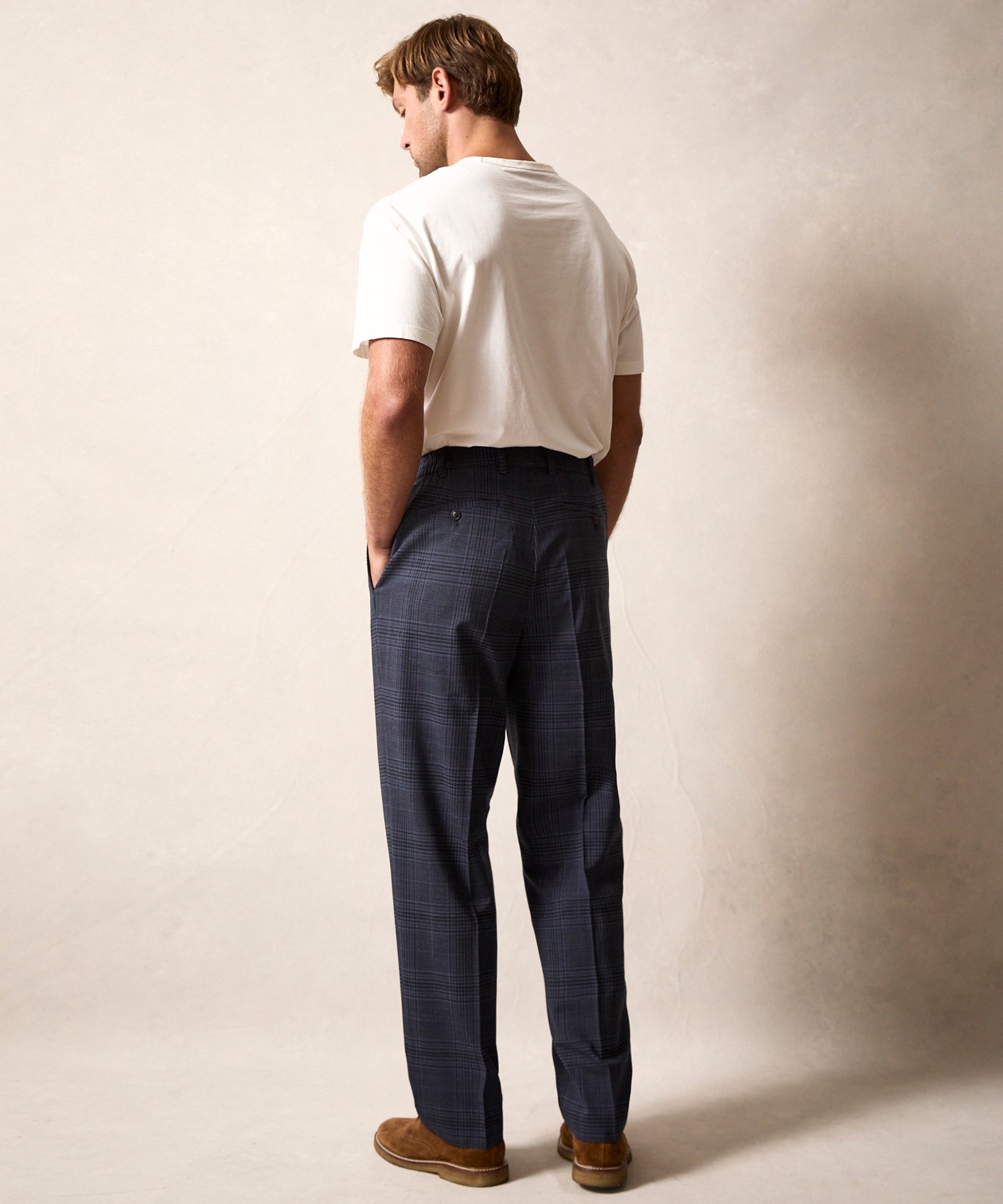 Italian Wool Side Elastic Trouser in Navy Glen Plaid - Image 5