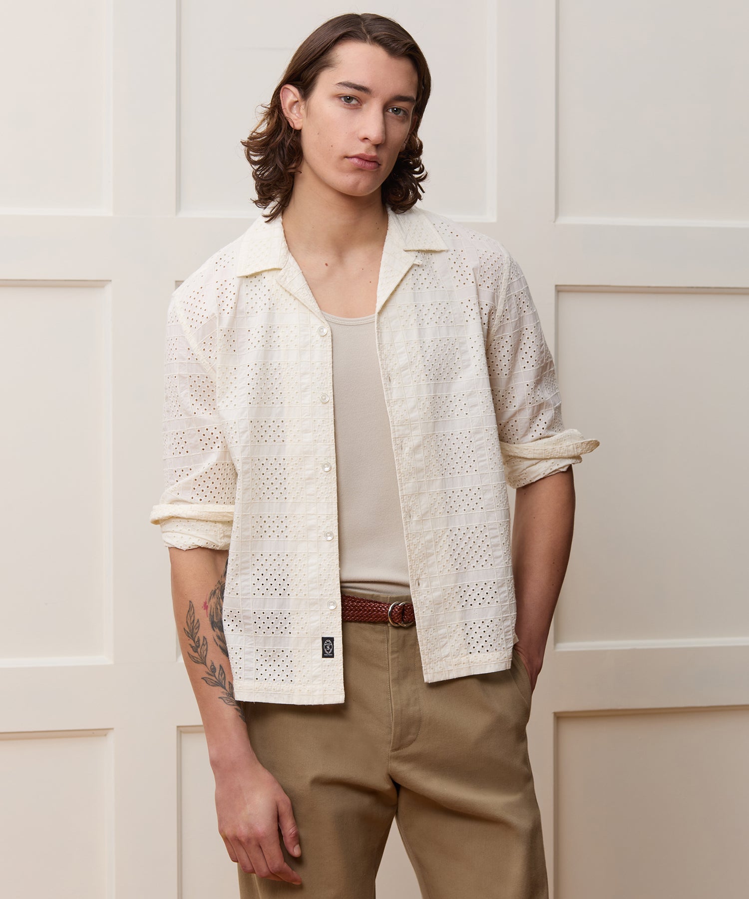 Cropped Embroidered Eyelet Camp Collar Shirt - Image 2