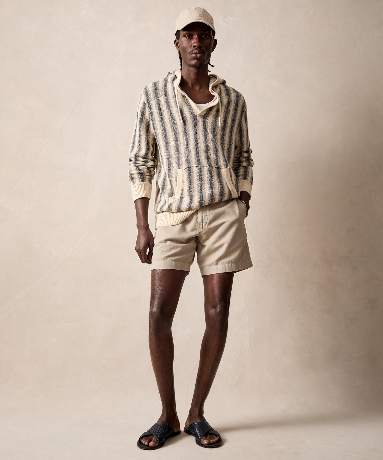 Linen-Cotton Stripe Popover Hoodie in Silver Mist - Image 4