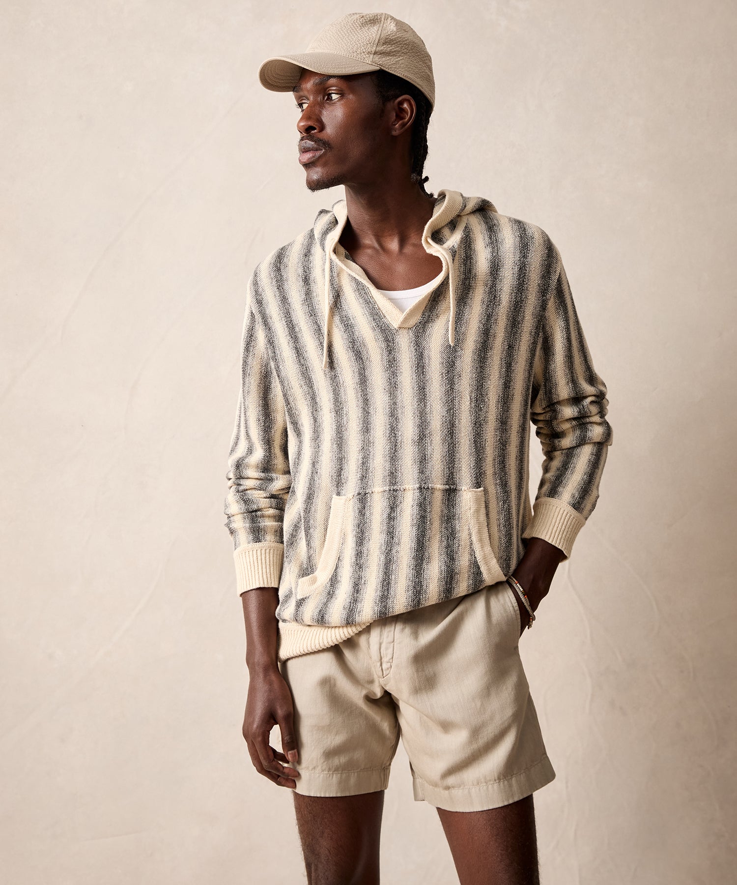 Linen-Cotton Stripe Popover Hoodie in Silver Mist - Image 2