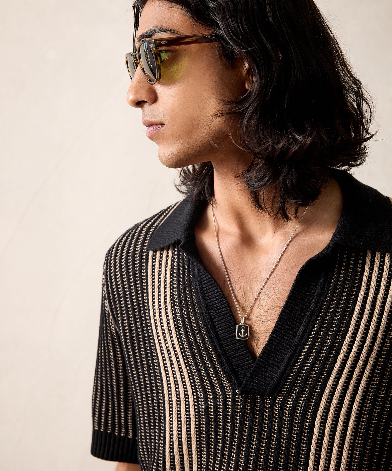 Striped Short-Sleeve Polo in Black - Image 5