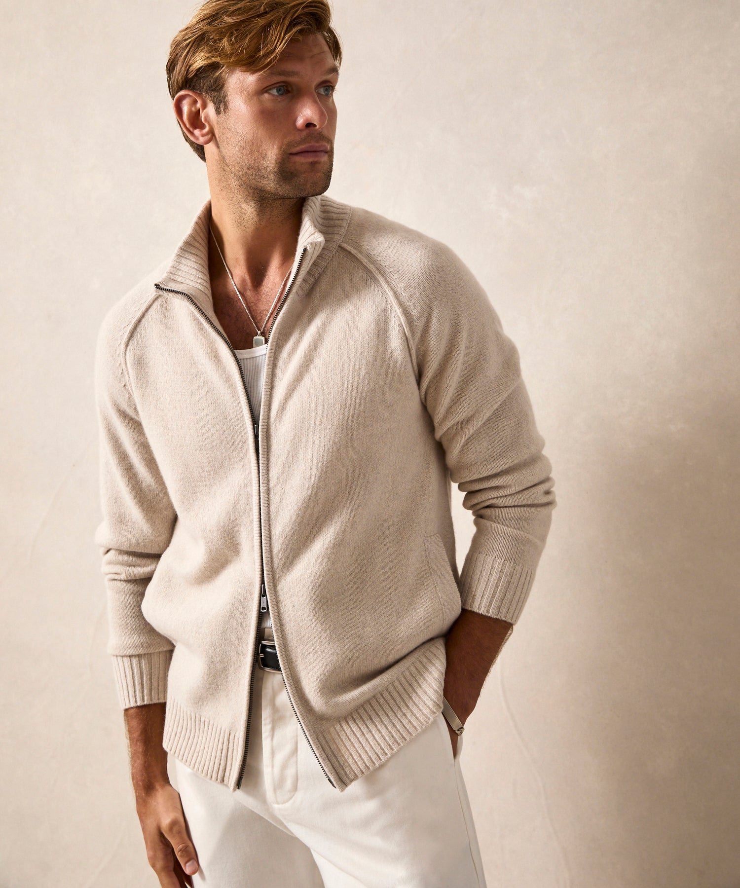 Nomad Cashmere Full-Zip Sweater in Bisque - Image 2