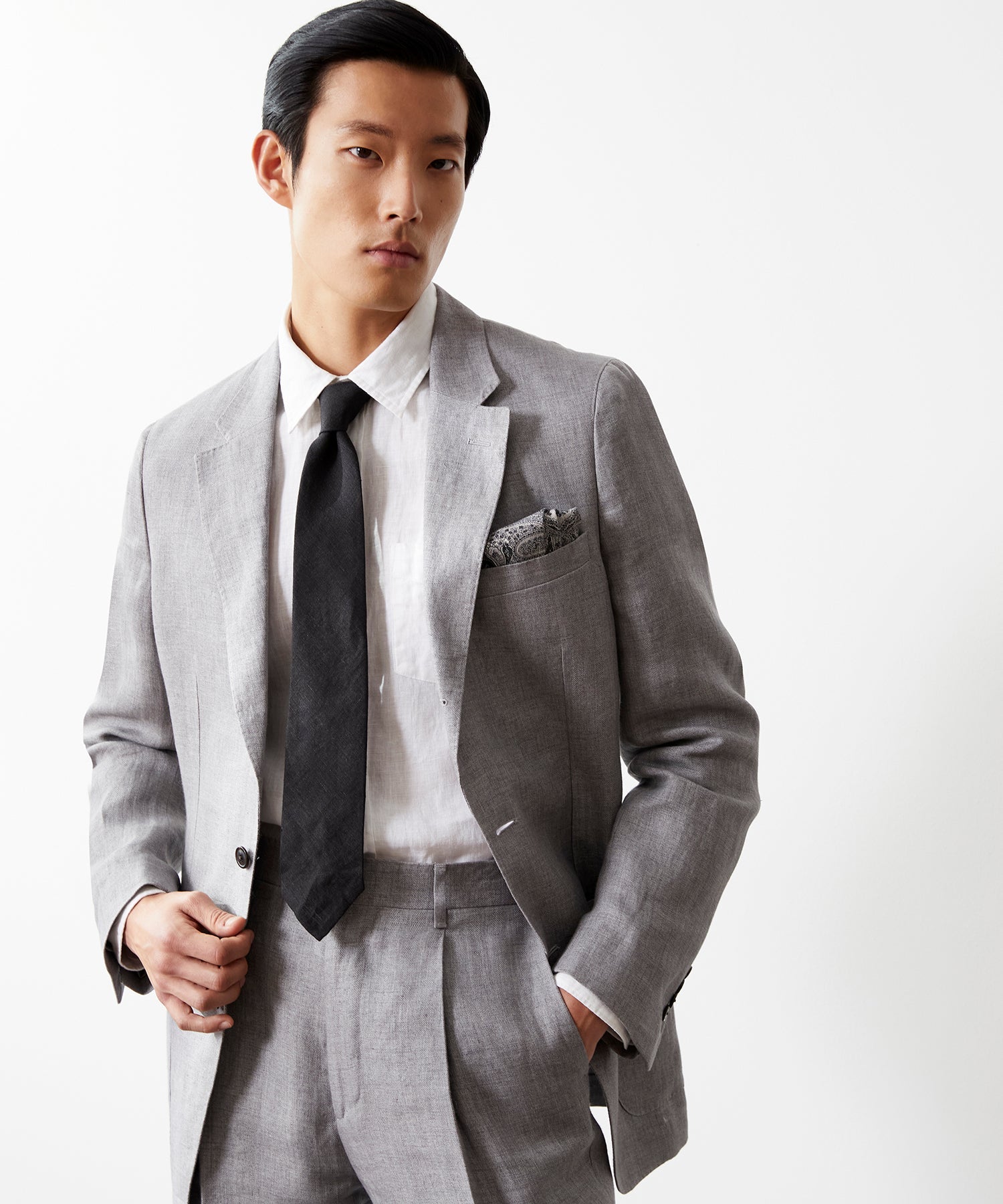 Italian Linen Madison Jacket in Light Grey Herringbone - Image 2