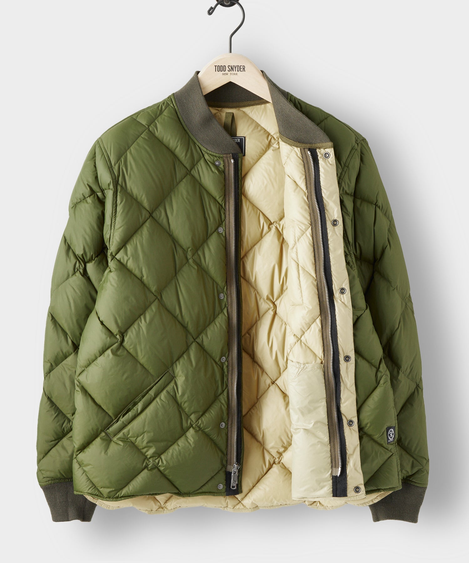 Italian Quilted Down Snap Bomber in Olive - Image 3