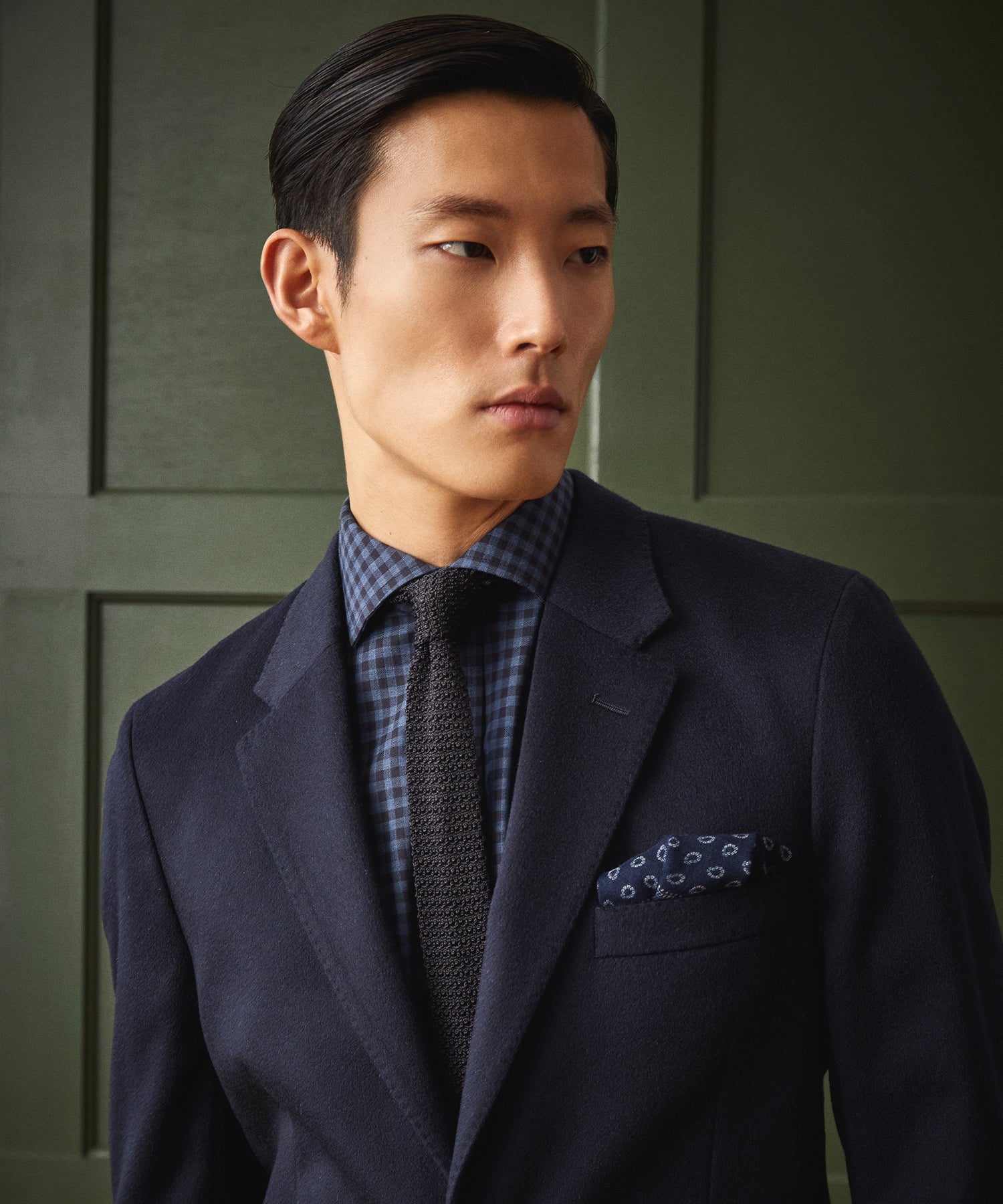 Slim Fit Flannel Spread Collar Dress Shirt in Navy Gingham - Image 2